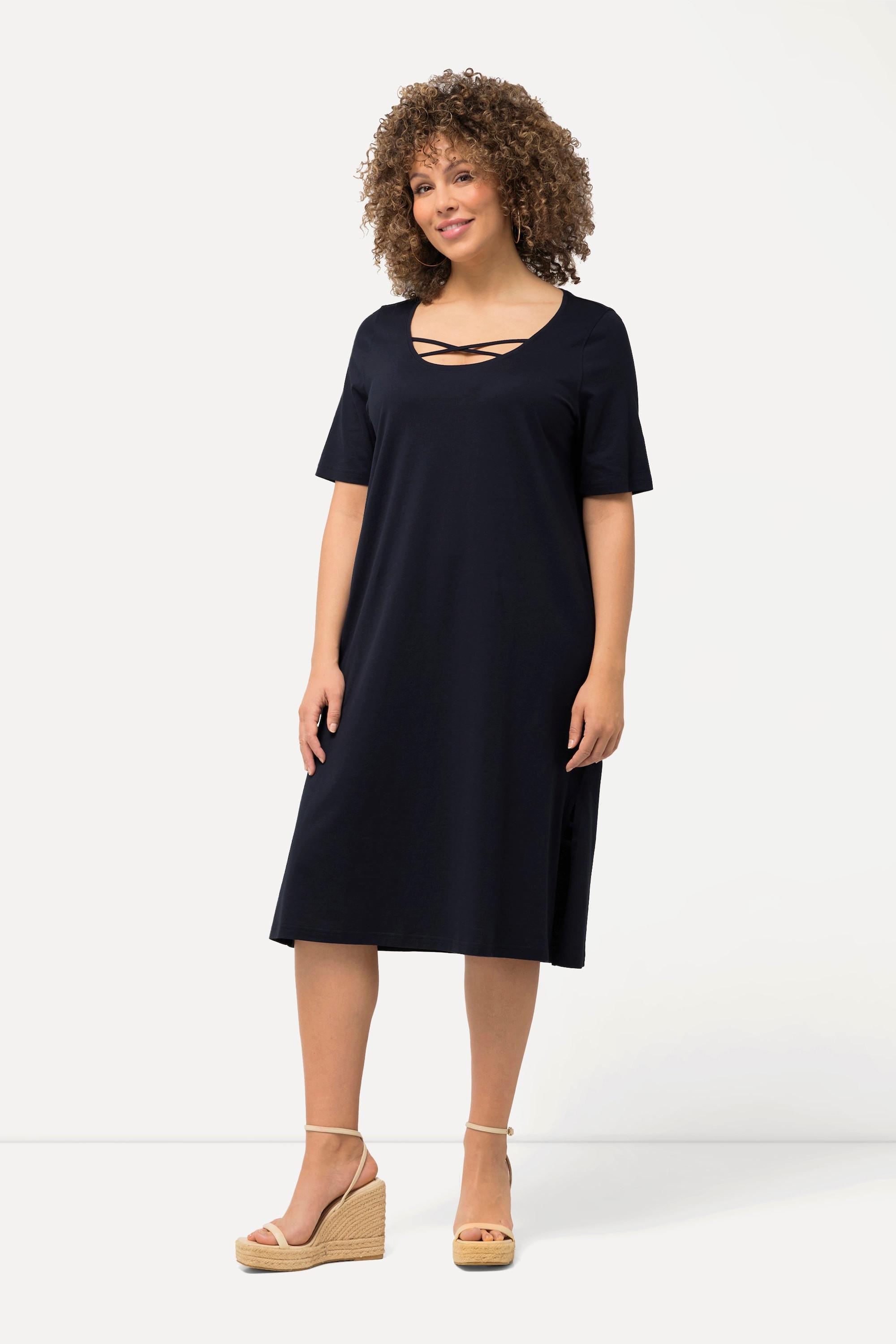 Ulla Popken  Jerseykleid, Zierbänder, A-Linie, Rundhals, Halbarm 