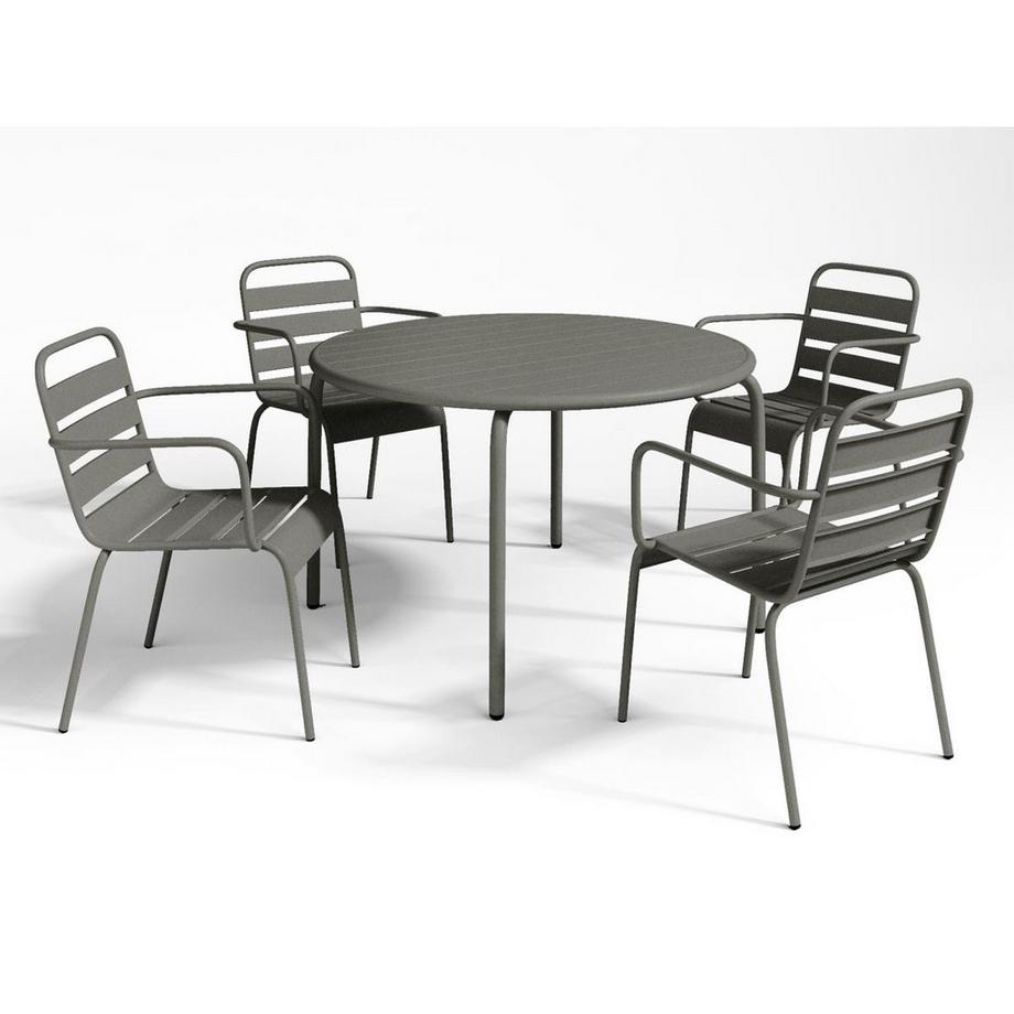 Vente-unique Sala da pranzo da giardino in Metallo Antracite MIRMANDE: un tavolo D.110cm e 4 poltrone impilabili  
