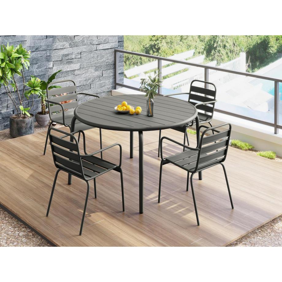 Sala da pranzo da giardino in Metallo Antracite MIRMANDE: un tavolo D.110cm e 4 poltrone impilabili