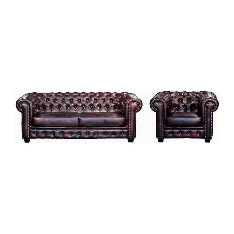 LINEA SOFA Chesterfield Garnitur 3+1 Büffelleder braun BRENTON  