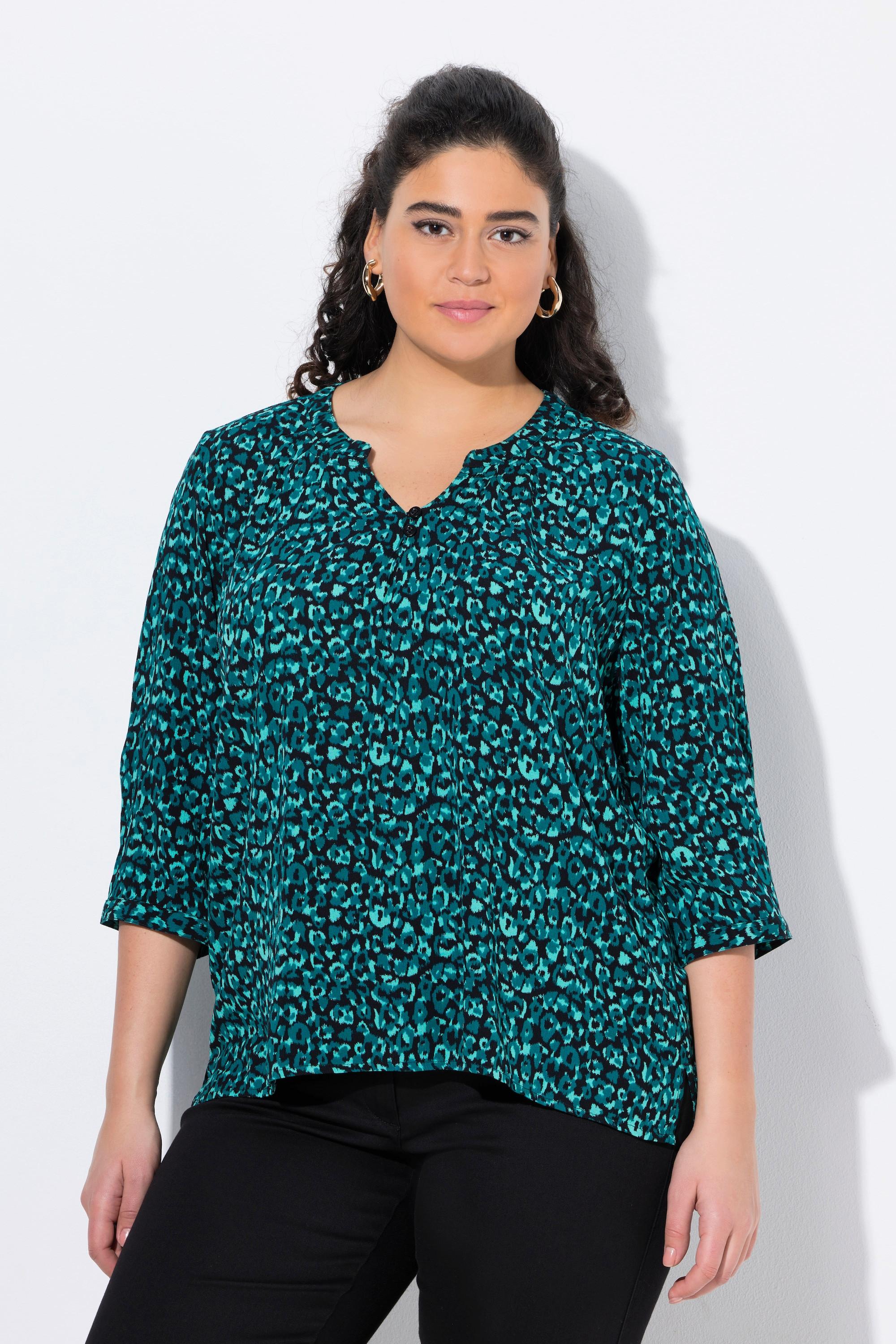 Ulla Popken Tunica Stampata Scollo a Girocollo Maniche 3/4 Bottoni  