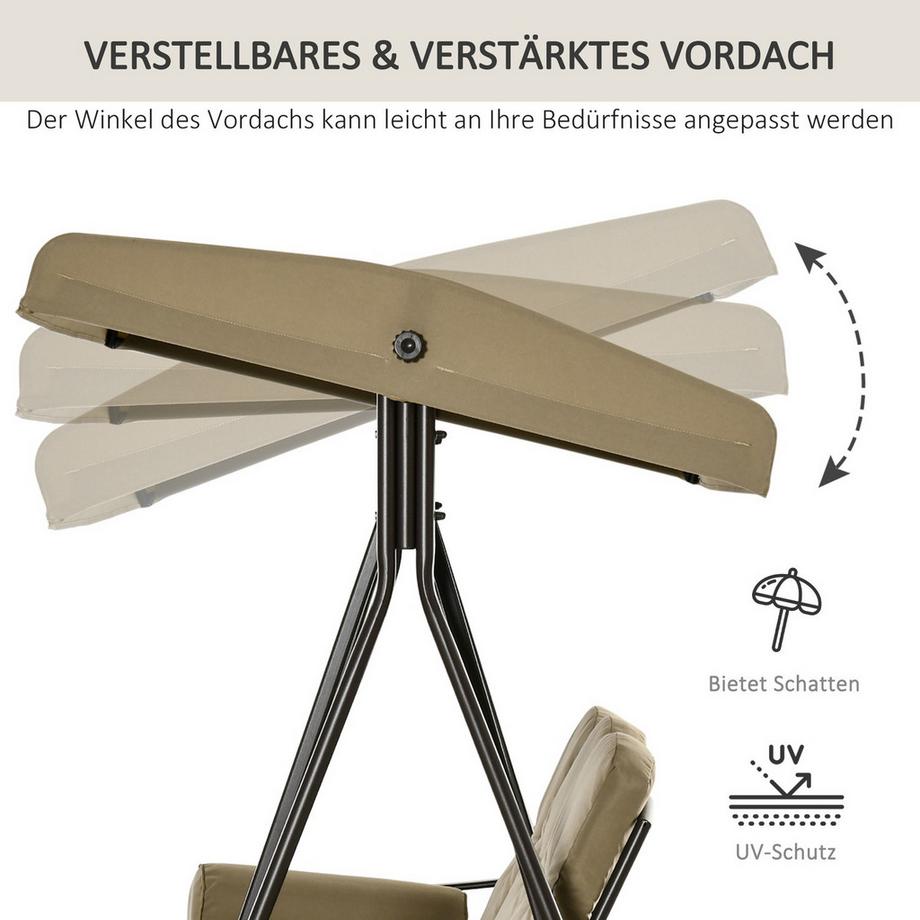 Northio 3-Sitzer Hollywoodschaukel Gartenschaukel Mit Sonnendach Kissen Metall Polyester Khaki 116 X 206 X 183 Cm  