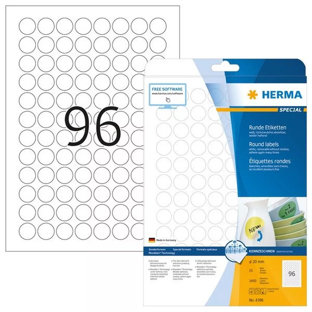 HERMA – Etiketten Movables 20mm 4386 weiss, non perm. 2400 Stück, One Size