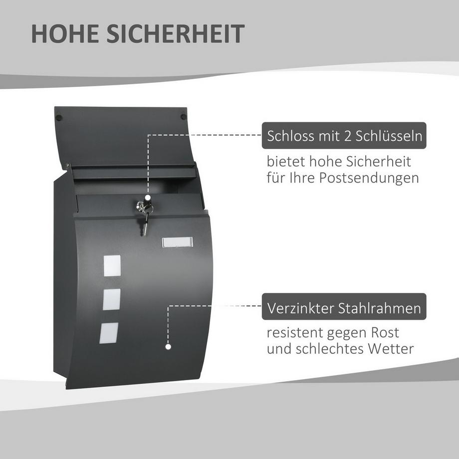 Northio  Briefkasten Postkasten mit Deckel, Schloss, Wandbriefkasten mit Sichtfenster Wasserloch aus Verzinktem Stahl, für Outdoor, 32 x 10 x 45 cm, Dunkelgrau | 