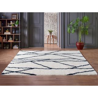 Vente-unique  Tapis shaggy berbère lignes asymétriques - 160 x 230 cm - Blanc et bleu nuit - BARDIO 