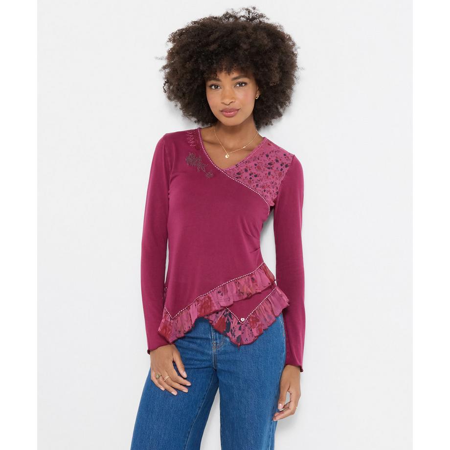 Chloe Henley-Shirt aus Jersey mit V-Ausschnitt und geblümtem Besatz
