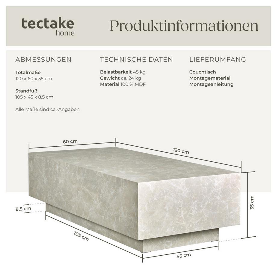 Tectake Couchtisch Lasley minimalistisches Design robustes MDF in Travertinoptik  