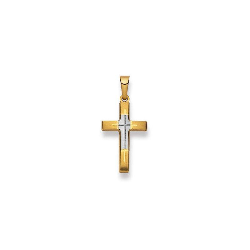 MUAU Schmuck  Anhänger Kreuz Bicolor Gelb-/Weissgold 750, 26x13mm 