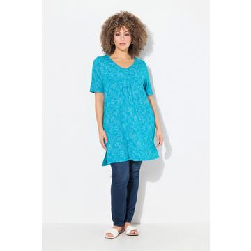 Maglia lunga, tasche, scollo a V e mezze maniche blu turchese