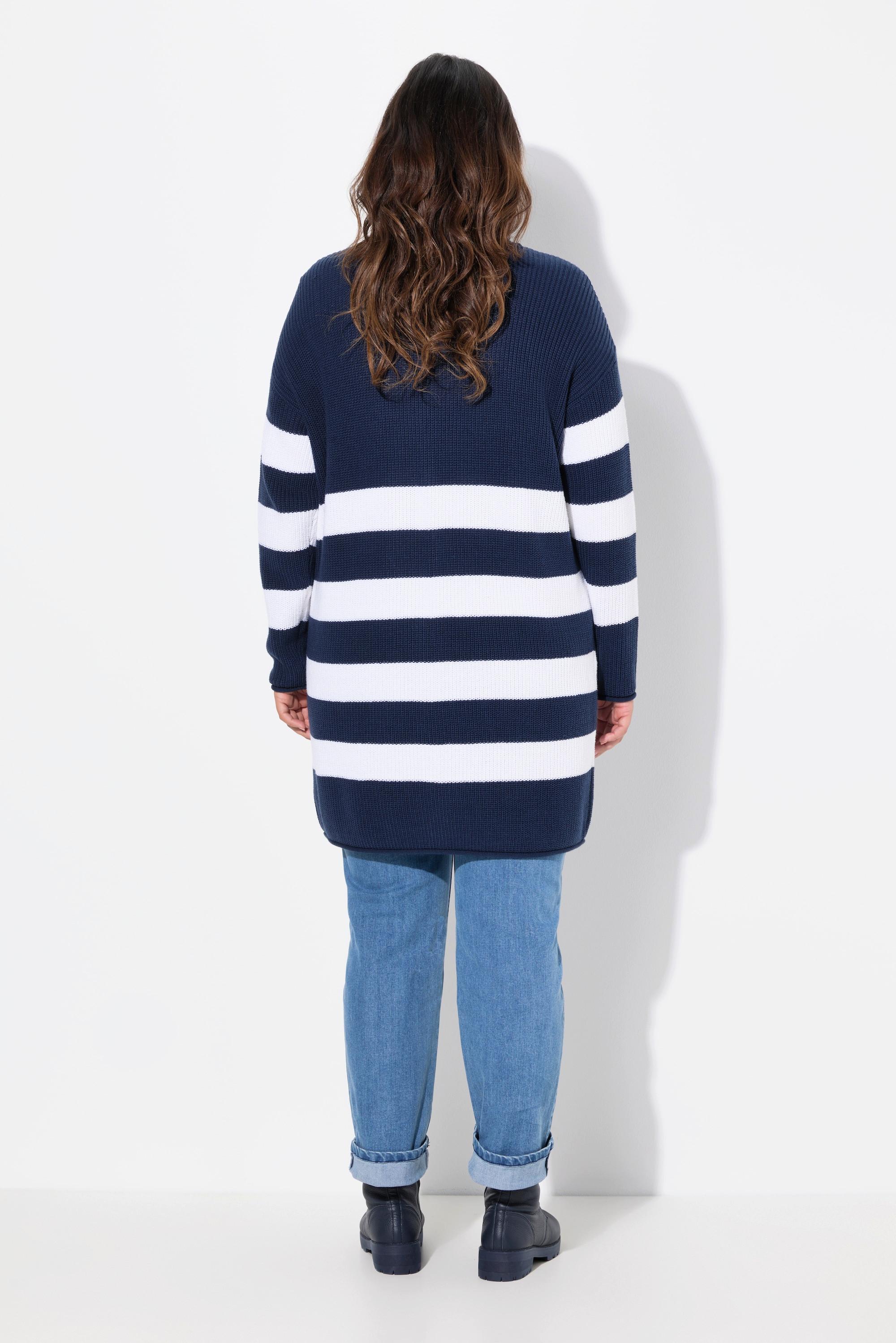 Ulla Popken Gestreifte Boxy Strickjacke V-Ausschnitt Rollkanten  