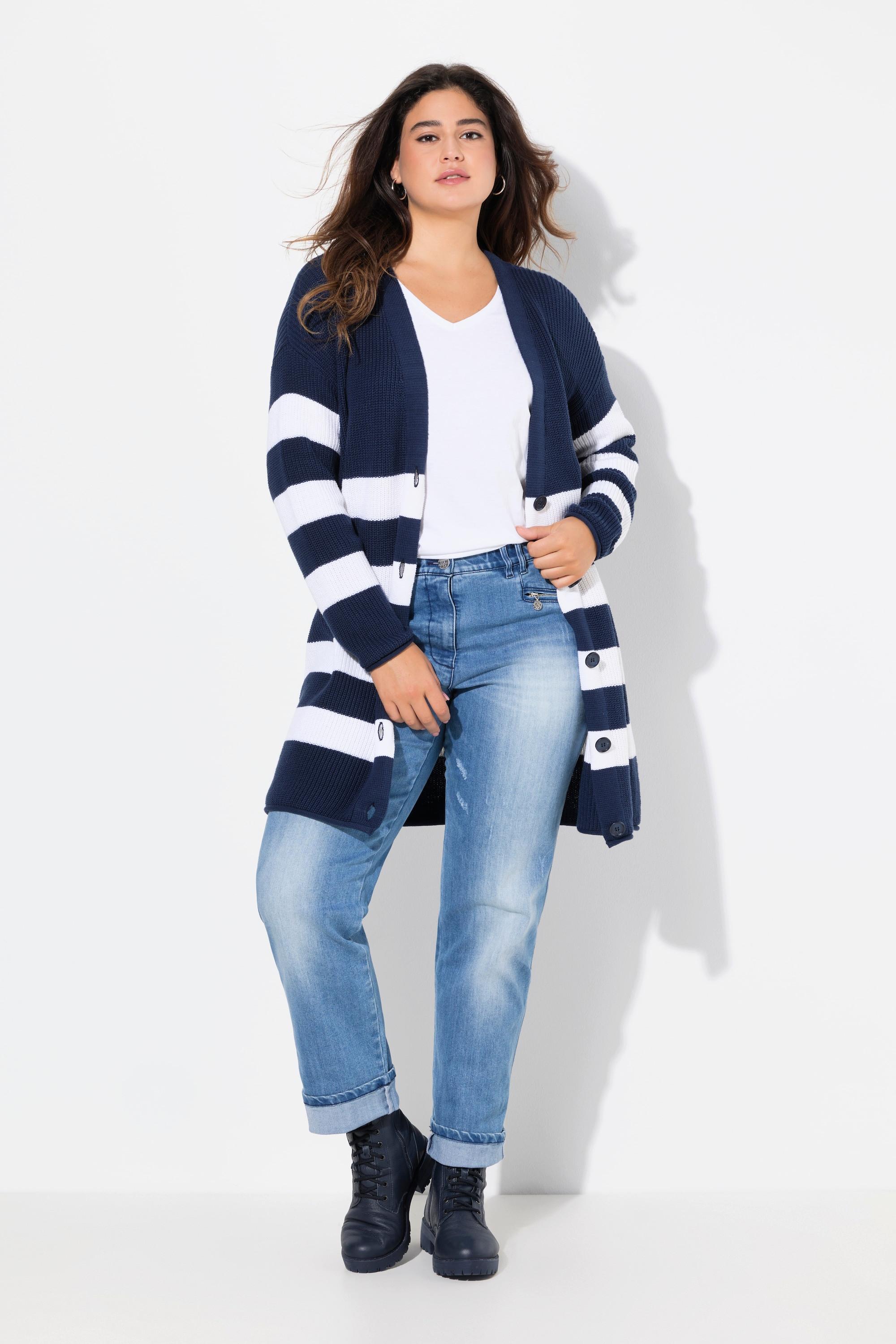 Ulla Popken Gestreifte Boxy Strickjacke V-Ausschnitt Rollkanten  