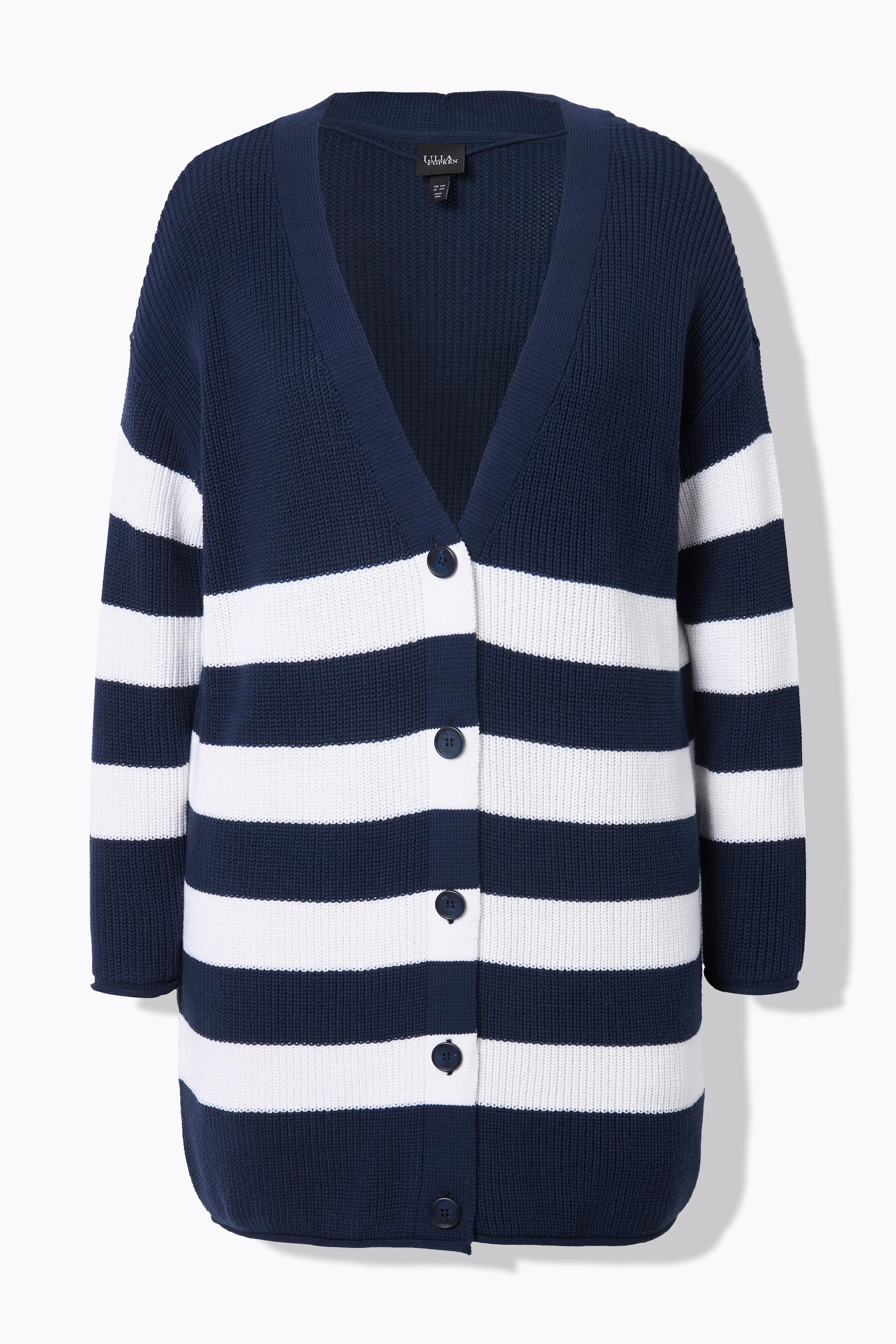 Ulla Popken Gestreifte Boxy Strickjacke V-Ausschnitt Rollkanten  