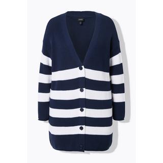 Ulla Popken Gestreifte Boxy Strickjacke V-Ausschnitt Rollkanten  