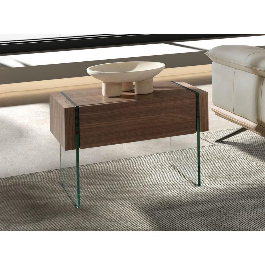 ANGEL CERDA Meuble de chevet en noyer et verre trempé  