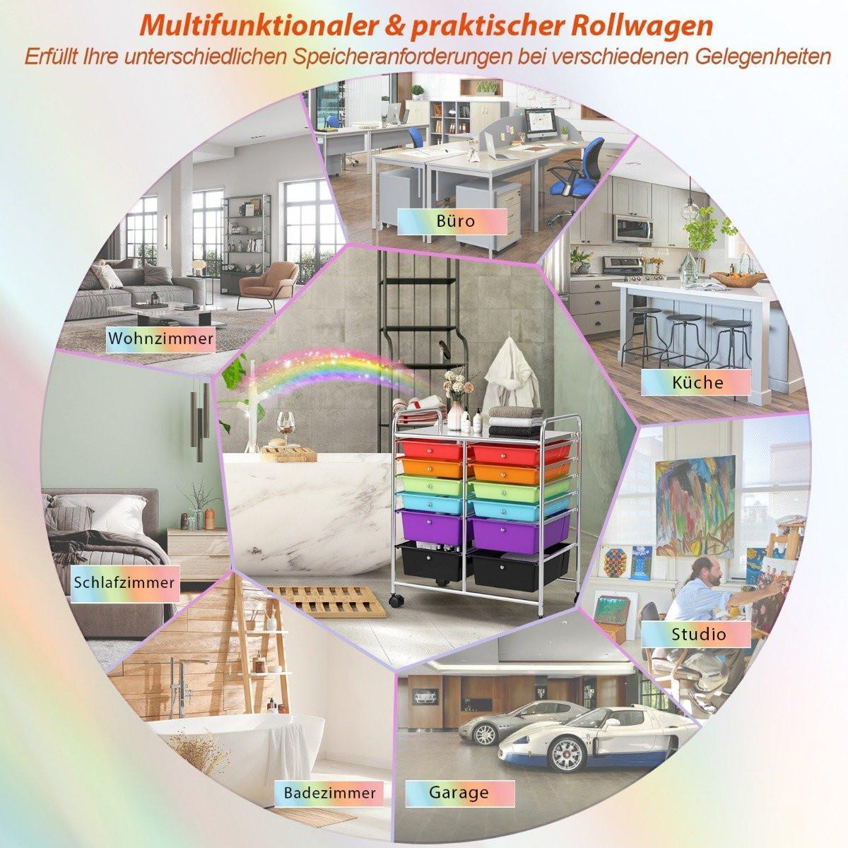 B2X Rollwagen Metallgestell Rollcontainer 12 Schubladen Badrollwagen mit Bremsen Mehrfarbig  