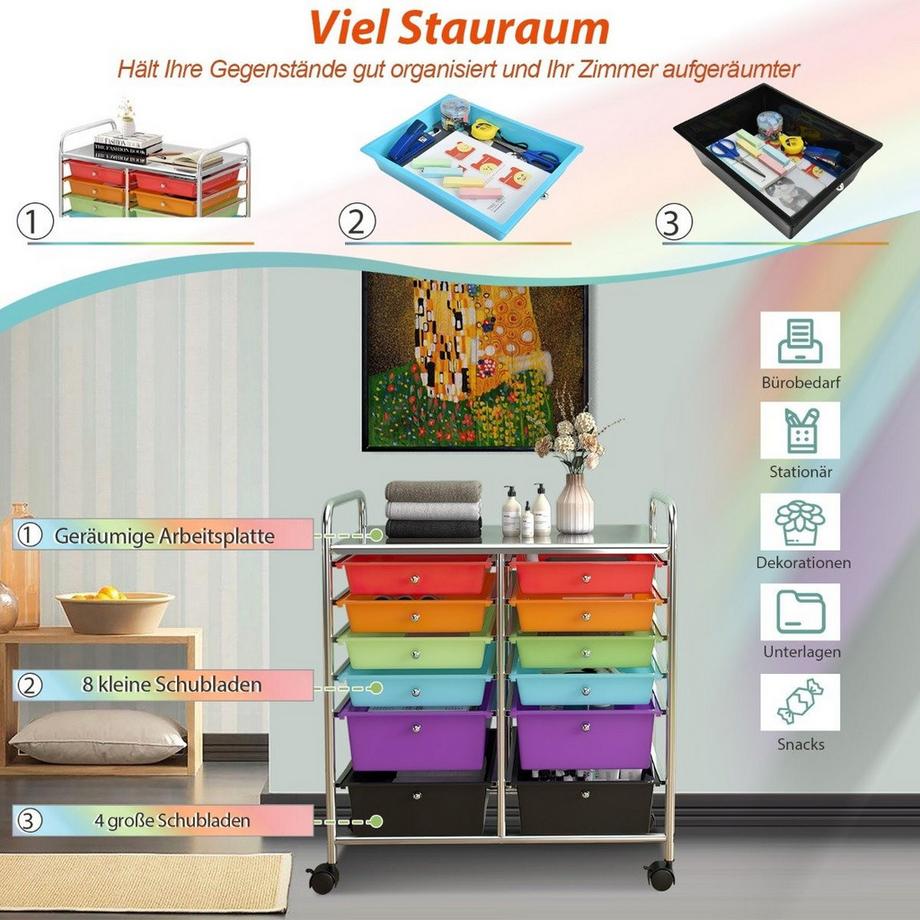 B2X Carrello con ruote contenitore con ruote con struttura in metallo Carrello da bagno con 12 cassetti e freni, multicolore  