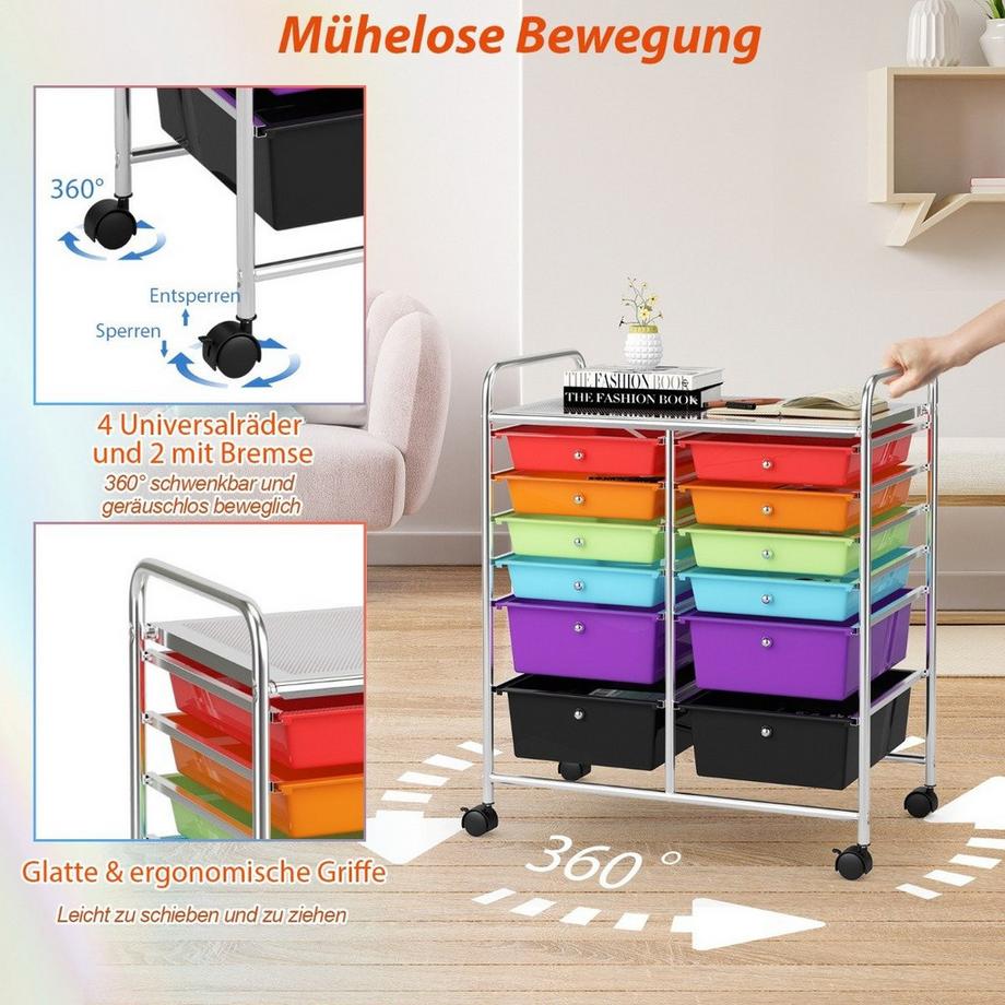 B2X Carrello con ruote contenitore con ruote con struttura in metallo Carrello da bagno con 12 cassetti e freni, multicolore  