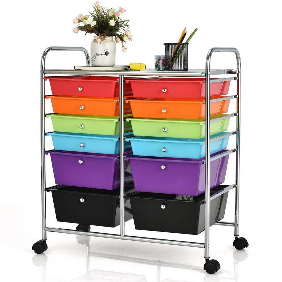Carrello con ruote contenitore con ruote con struttura in metallo Carrello da bagno con 12 cassetti e freni, multicolore