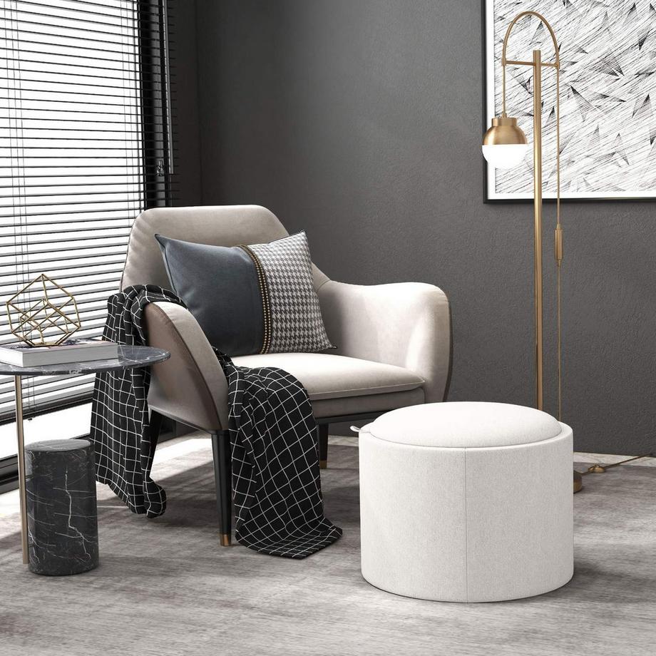 Northio Ottomane Runder Sitzhocker Polsterhocker Mit Stauraum, Klappdeckel, In Leinenoptik Für Wohnzimmer, Schlafzimmer, Creme, Ø56 X 42 Cm  