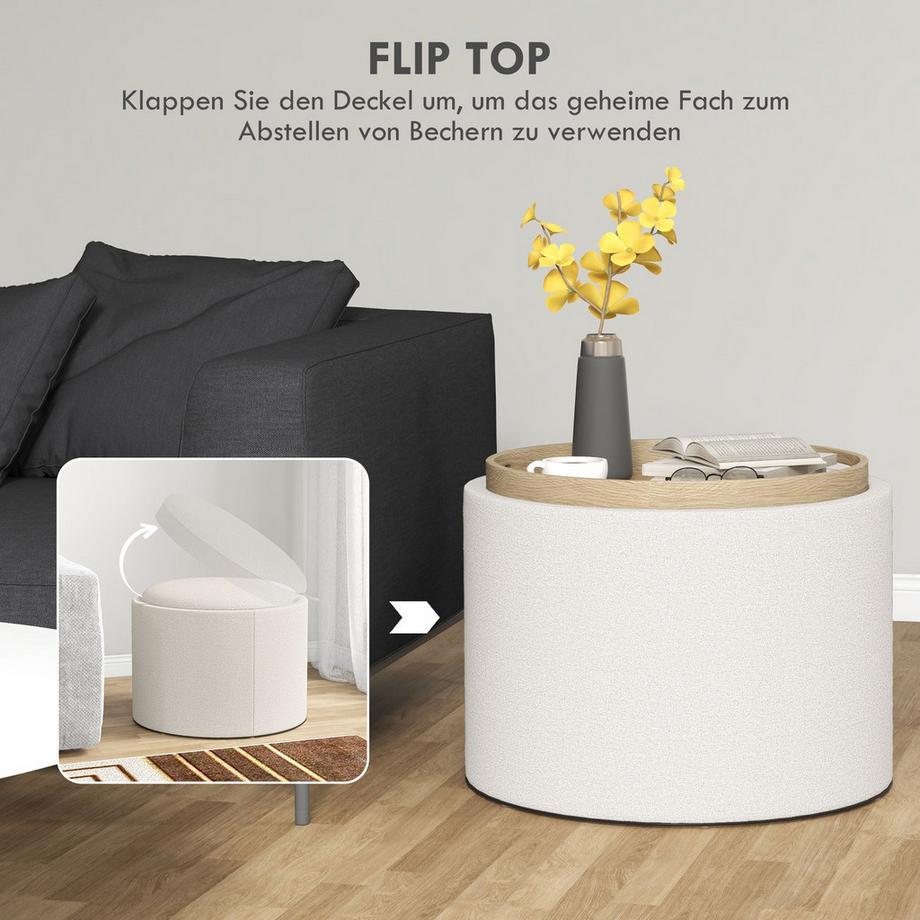 Northio Ottomane Runder Sitzhocker Polsterhocker Mit Stauraum, Klappdeckel, In Leinenoptik Für Wohnzimmer, Schlafzimmer, Creme, Ø56 X 42 Cm  