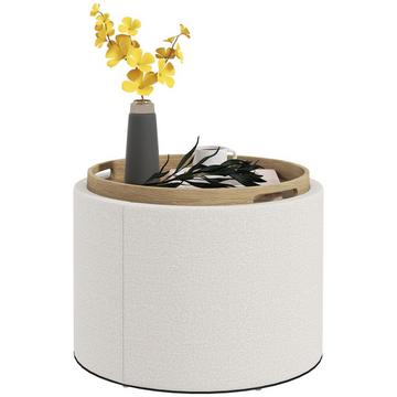Pouf Tabouret Rond Avec Espace De Rangement, Couvercle Rabattable, Aspect Lin Pour Salon, Chambre, Crème, Ø56 X 42 Cm