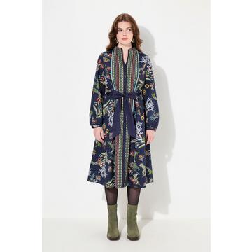 Robe midi à manches longues et col calice, silhouette en A et motif champêtre