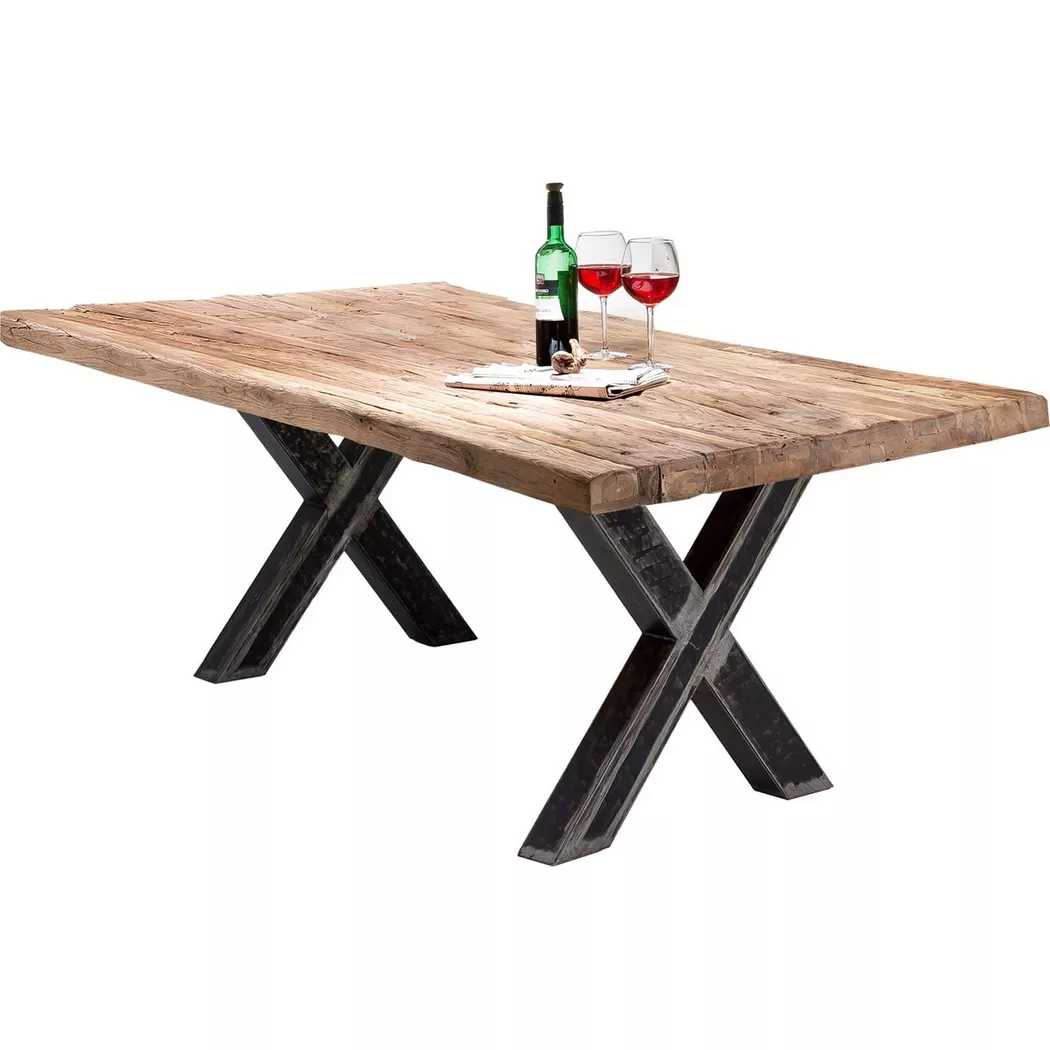 SIT Esstisch "Brixen aus recyceltem Teak mit 50-mm-Platte & X-Gestell" Rustikale Teakholzplatte mit einzigartiger Maserung – ein Unikat