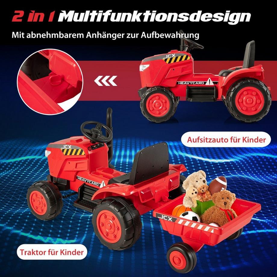 B2X  Tracteur électrique pour enfants 2 en 1 avec remorque et amp; Voiture jouet électrique télécommandée-rouge 