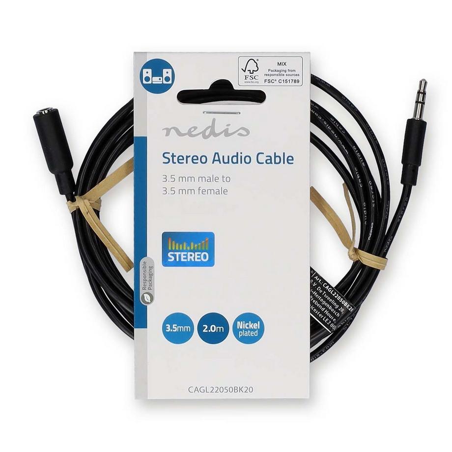Nedis  Câble audio stéréo | 3,5 mm Hane | 3,5 mm Hona | Nickelplaterad | 2,00 m | Rond | Svart | Label 