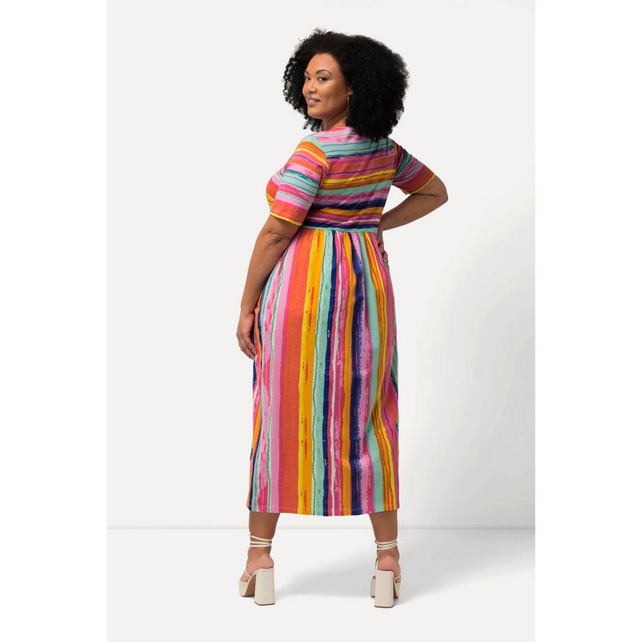 Ulla Popken Jerseykleid Streifenmix A-Linie V-Ausschnitt Halbarm  