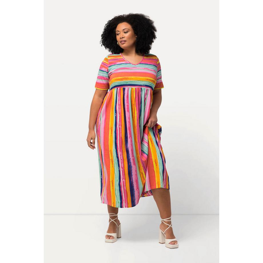 Ulla Popken Jerseykleid Streifenmix A-Linie V-Ausschnitt Halbarm  