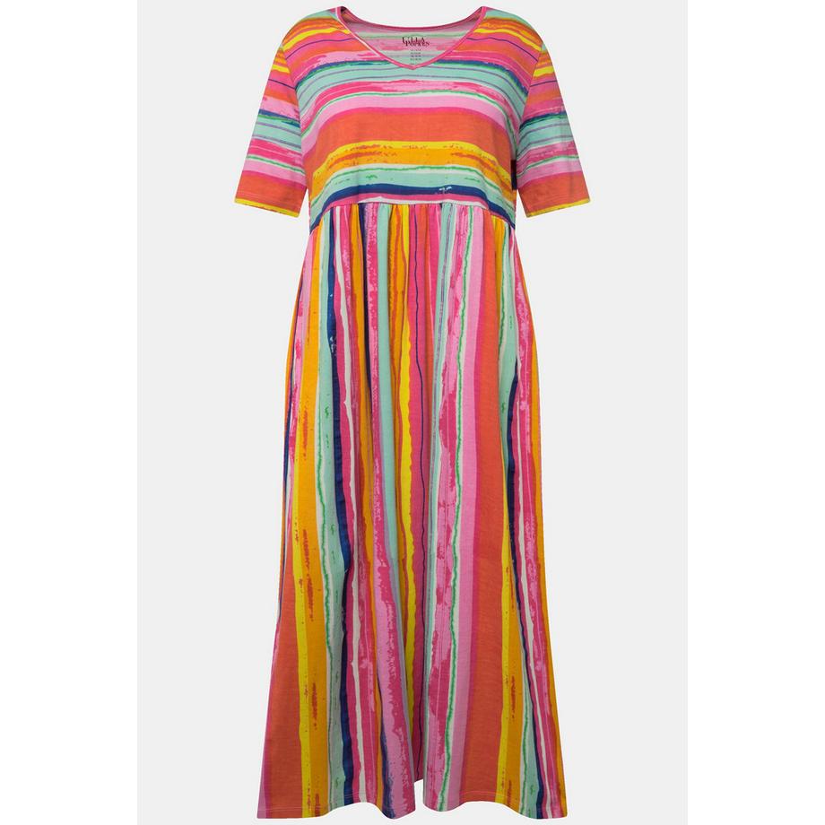 Ulla Popken Jerseykleid Streifenmix A-Linie V-Ausschnitt Halbarm  