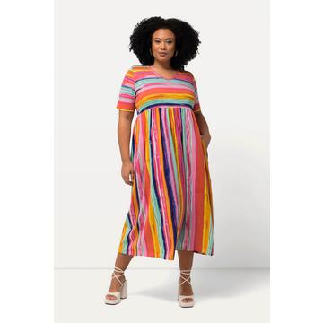 Robe en jersey à mélange de rayures, ligne A, avec décolleté en V et manches courtes