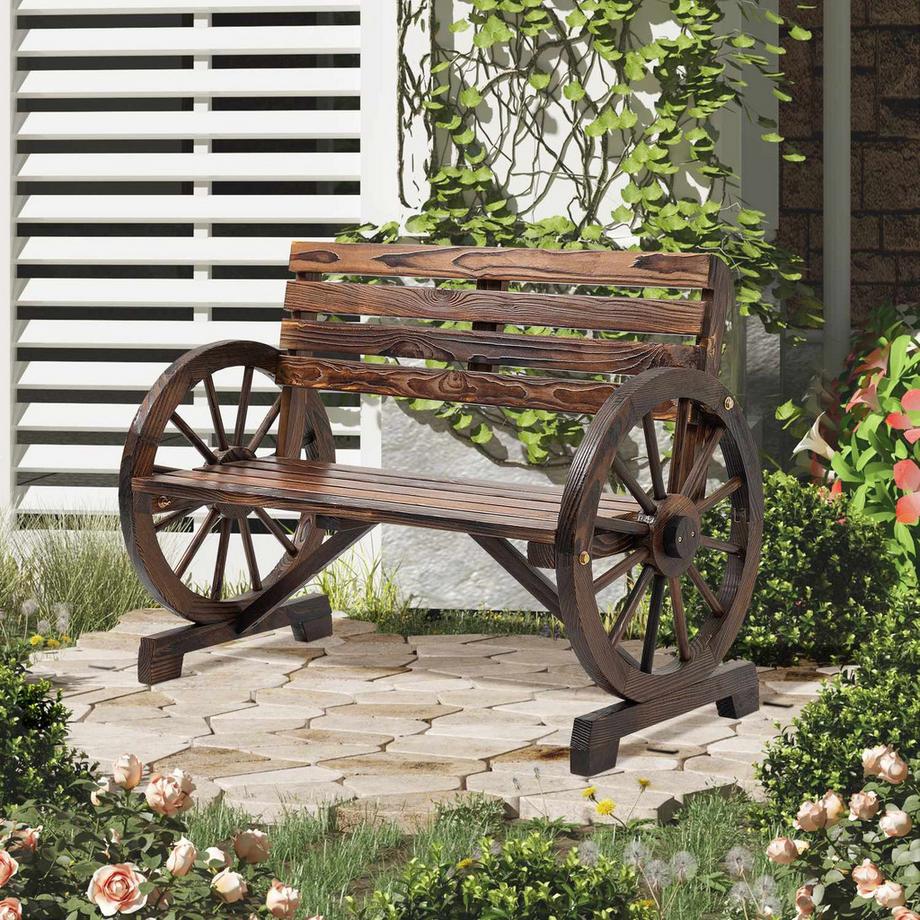 Northio Banc De Jardin Banc En Bois 2 Places Avec Accoudoirs De Roue De Chariot De Style Maison De Campagne, Bois De Sapin, Marron, 105,5X56X79Cm  