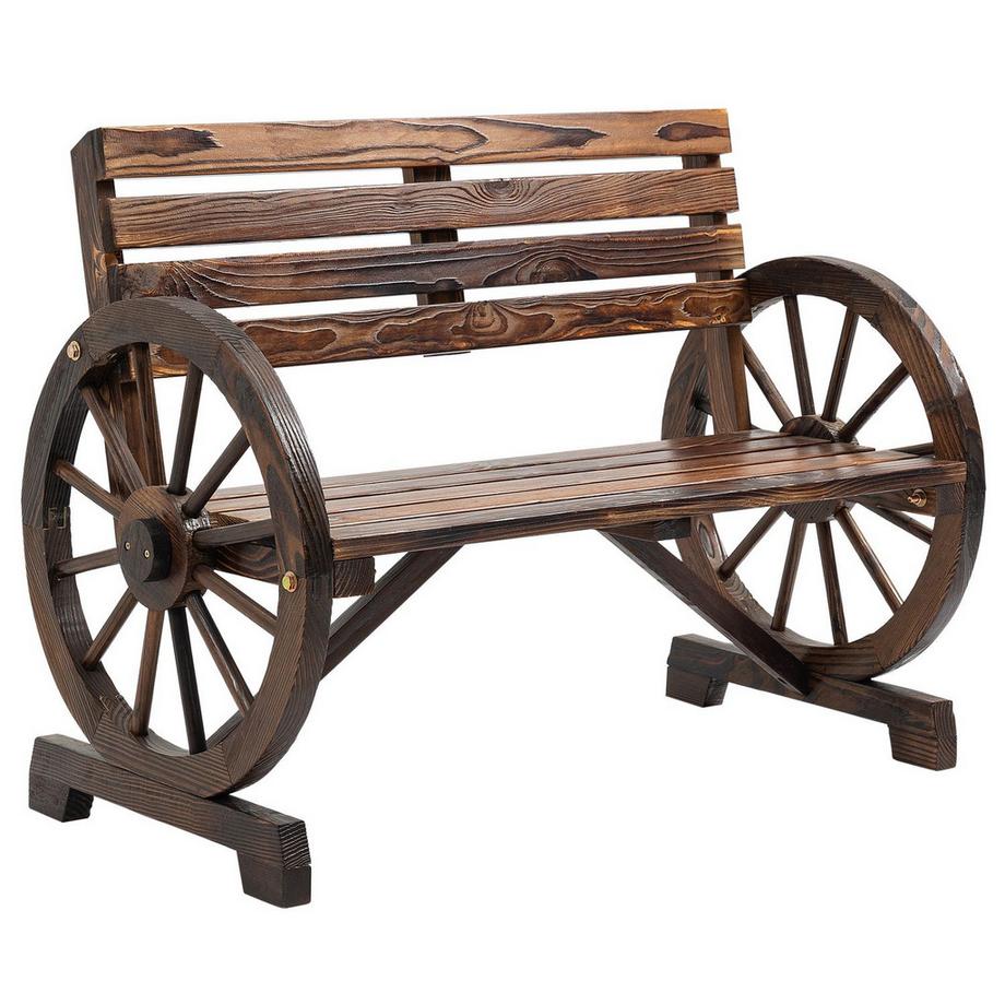 Banc De Jardin Banc En Bois 2 Places Avec Accoudoirs De Roue De Chariot De Style Maison De Campagne, Bois De Sapin, Marron, 105,5X56X79Cm
