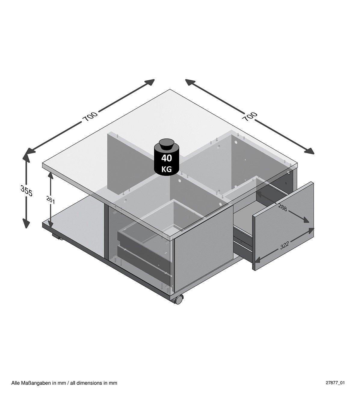 Calicosy Table Basse sur Roulettes 2 Tiroirs 2 Niches L70 cm - Twin  