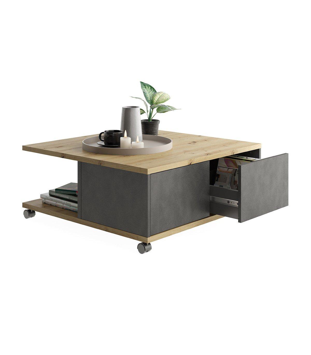 Calicosy Table Basse sur Roulettes 2 Tiroirs 2 Niches L70 cm - Twin  