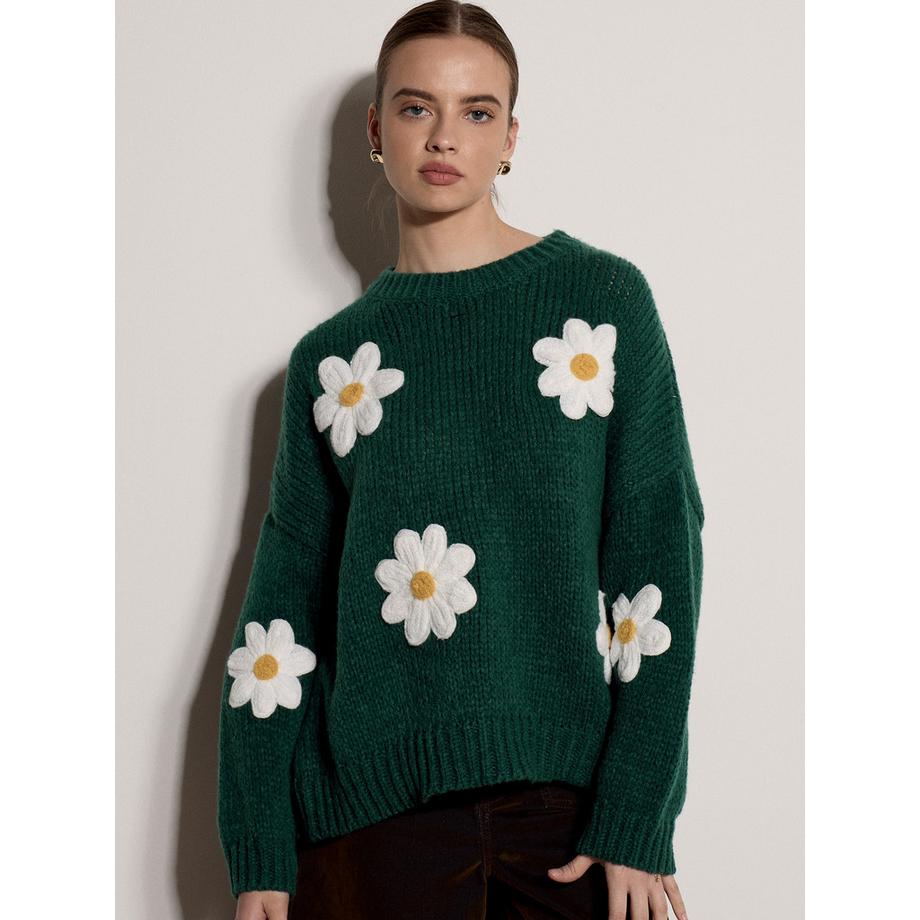 Pull à grosses mailles avec appliques florales