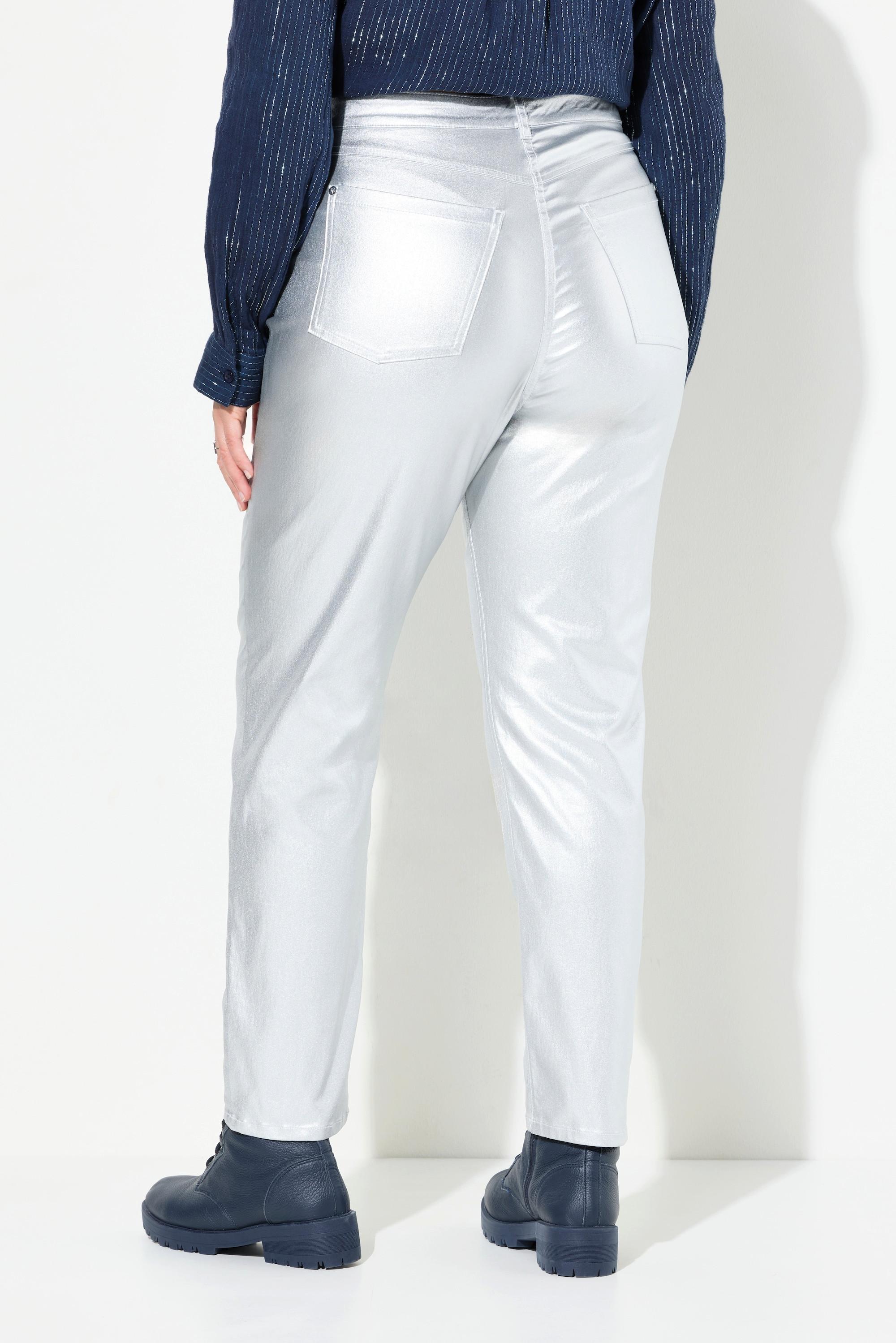 Ulla Popken Mom Jeans Silber-Coating Komfortbund 5-Pocket-Hose  