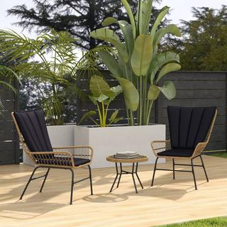 Northio Set di mobili da giardino per gruppo di sedute in rattan da 3 pezzi con 2 sedie e tavolino, piano in vetro temperato e cuscini  