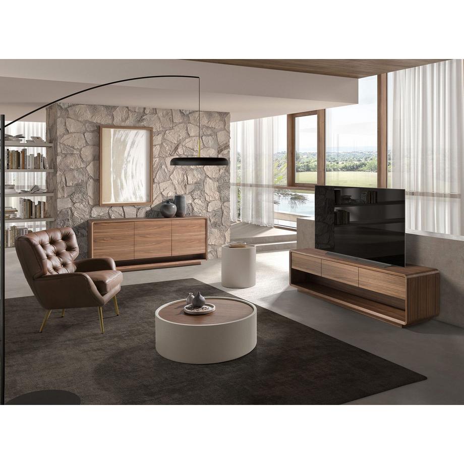 ANGEL CERDA Table basse ronde en noyer et bois rembourré en similicuir  