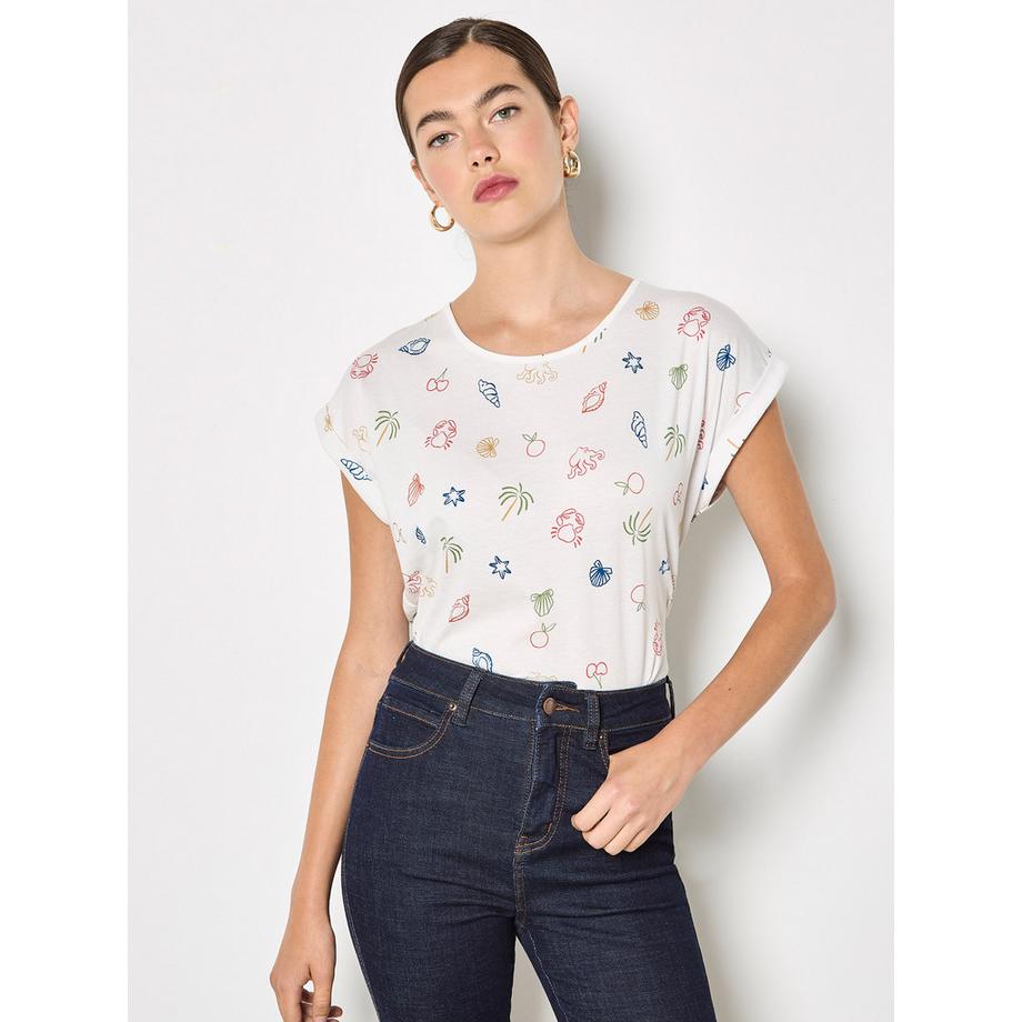 Buntes Jersey-T-Shirt mit tropischem Print