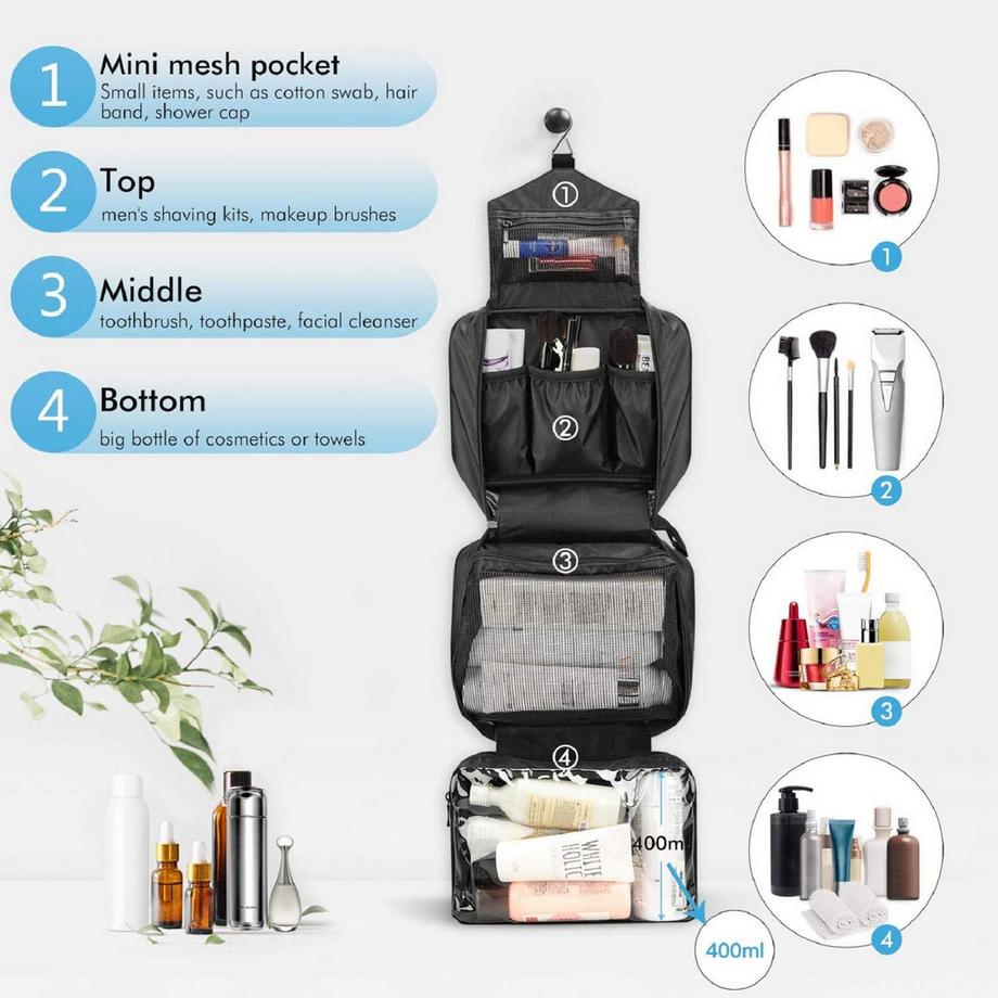 Only-bags.store Trousse de toilette à suspendre, trousse de toilette cosmétique, grande trousse de toilette avec crochets rotatifs à 360 Trousse de toilette à suspendre, trousse de toilette cosmétique, grande trousse de toilette avec crochets rotatifs à 360 
