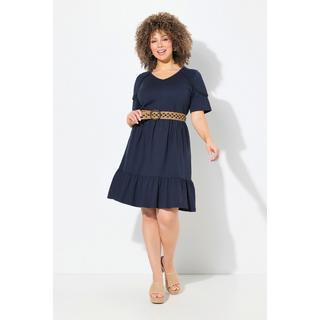 Ulla Popken Jerseykleid Zierband A-Linie V-Ausschnitt Halbarm  