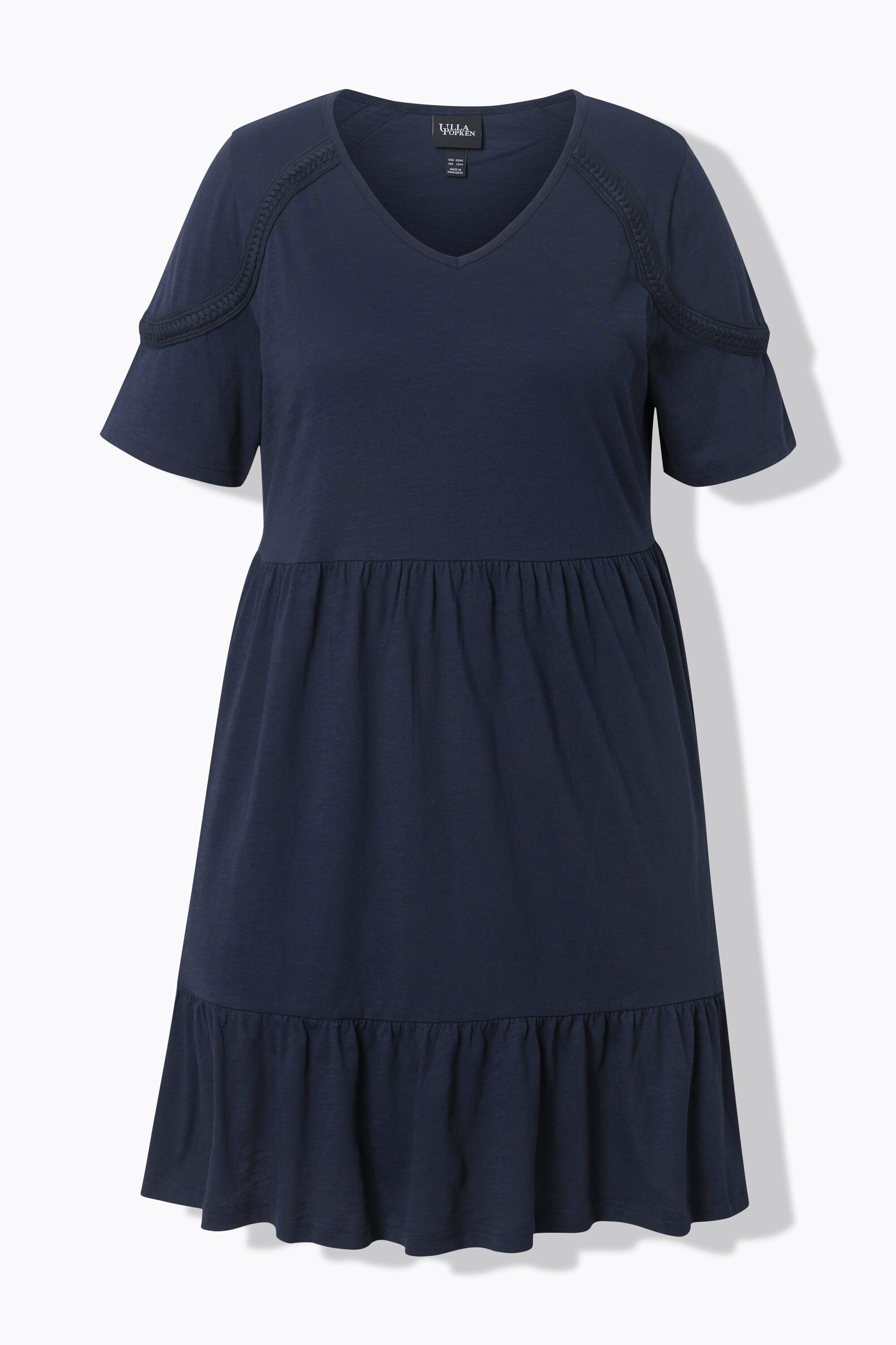 Ulla Popken Jerseykleid Zierband A-Linie V-Ausschnitt Halbarm  