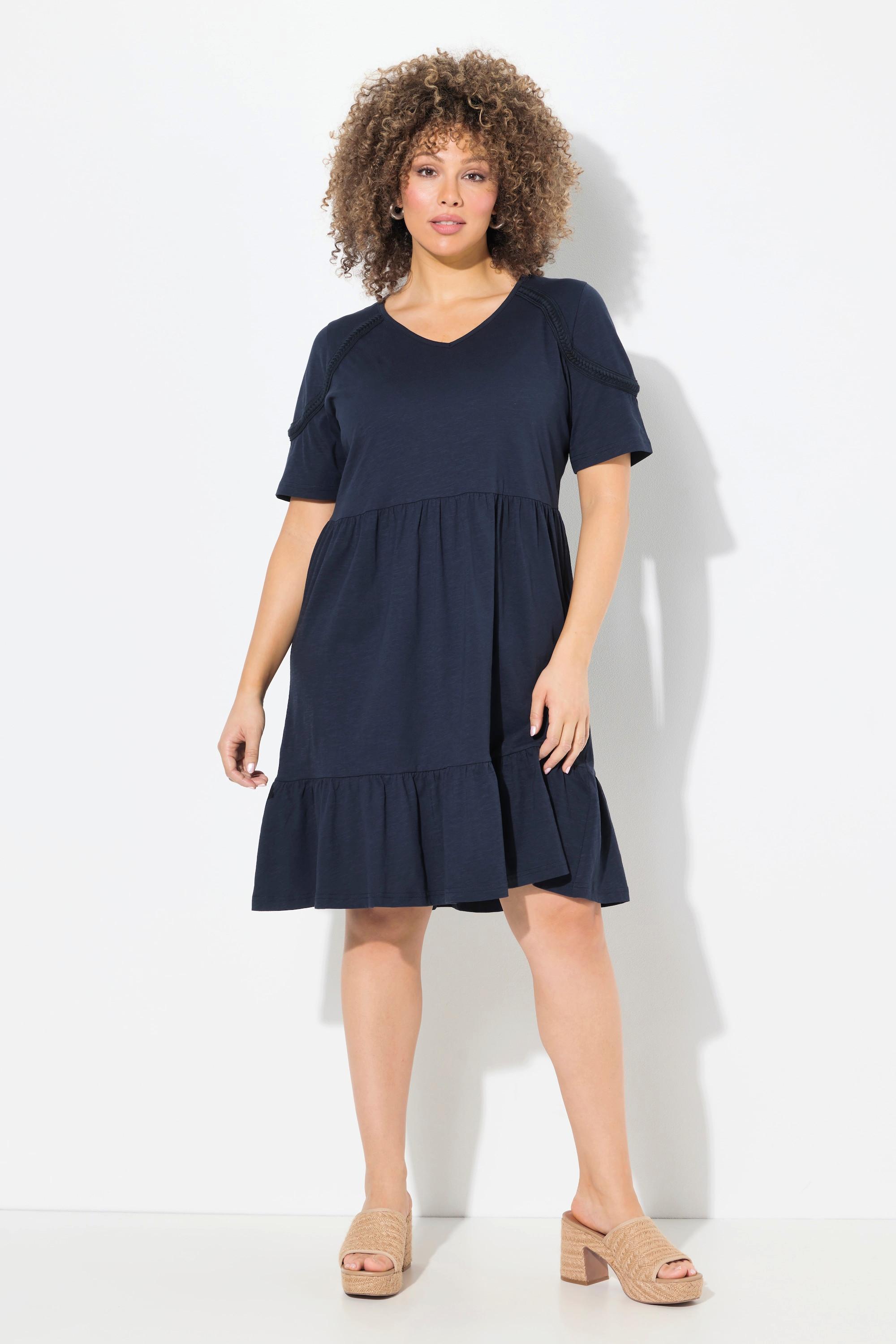 Ulla Popken Jerseykleid Zierband A-Linie V-Ausschnitt Halbarm  