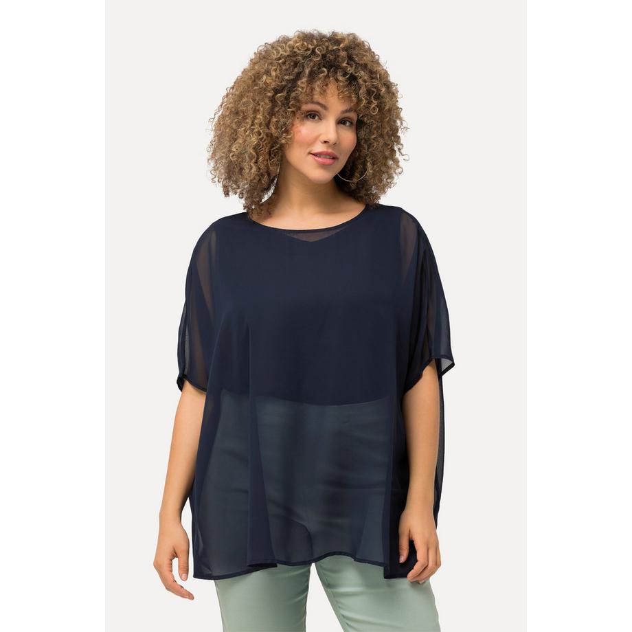 Ulla Popken Blouse Oversized Col Rond Manches Courtes en Chiffon  