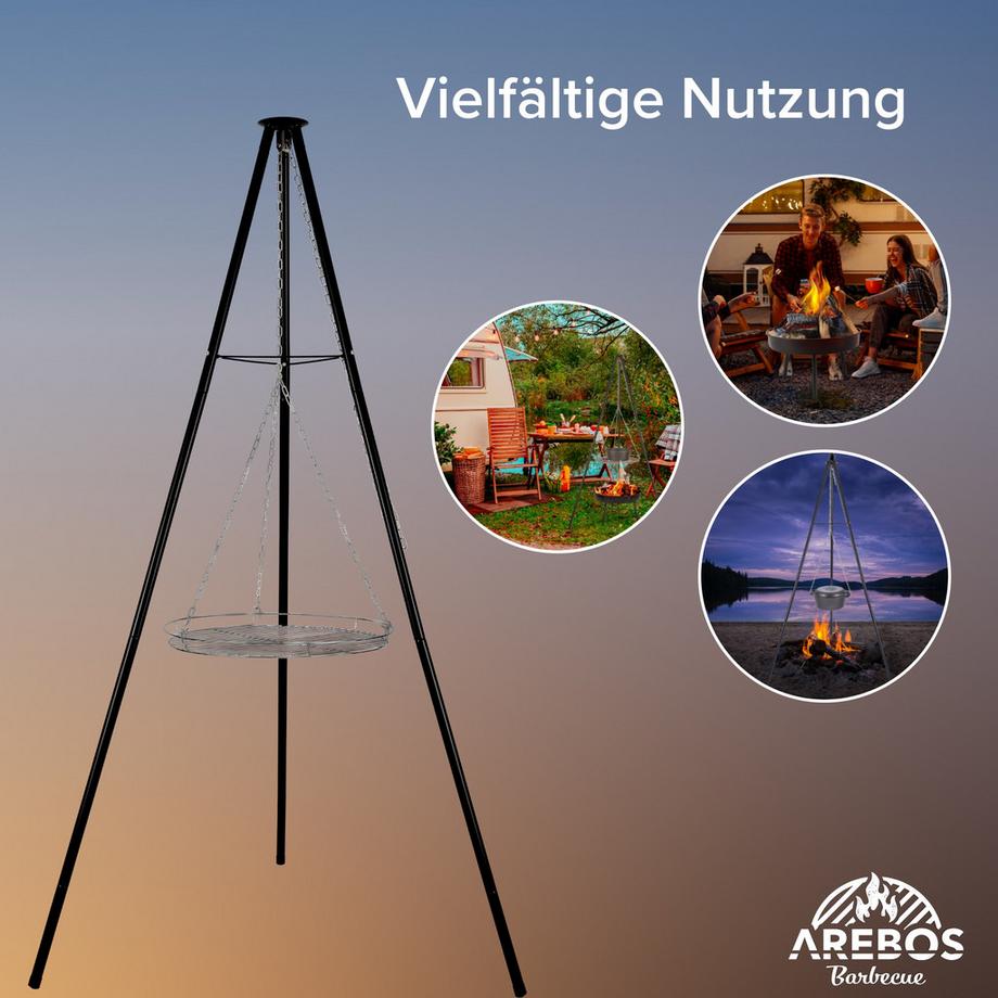 Arebos  BBQ Schwenkgrill mit Grillrost und Feuerschale Holzkohlegrill Dreibein 