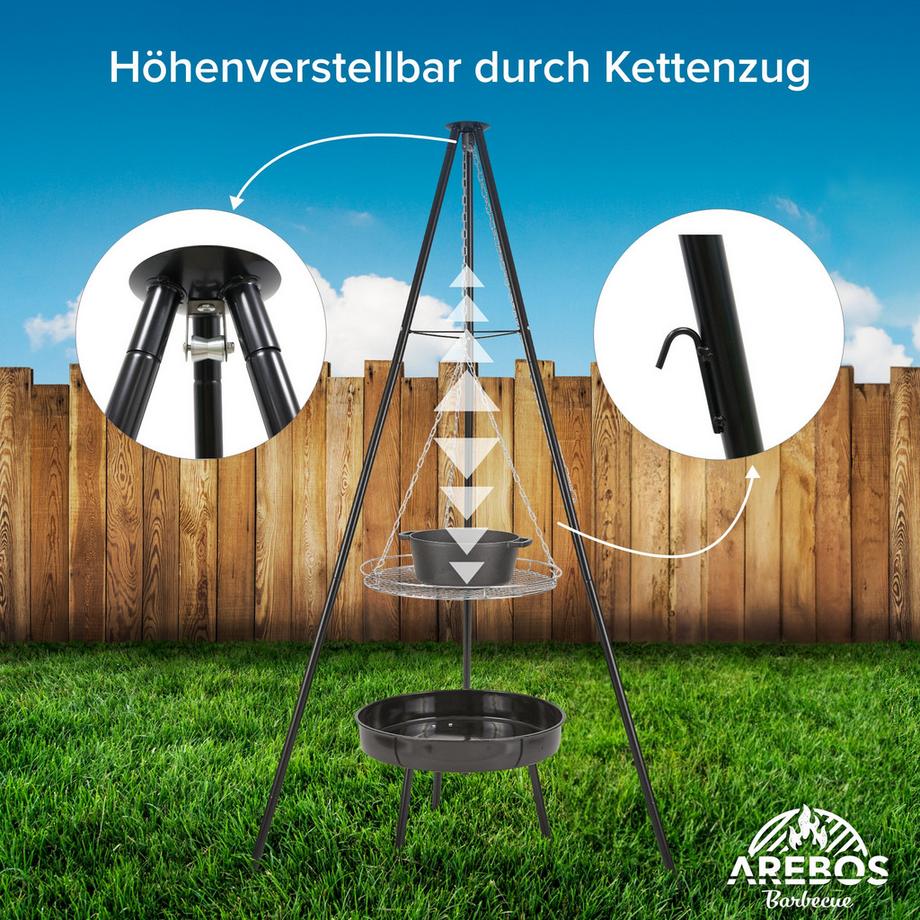 Arebos  BBQ Schwenkgrill mit Grillrost und Feuerschale Holzkohlegrill Dreibein 