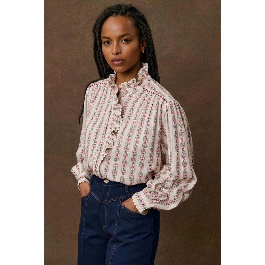Louise-Misha Blouse col montant à volants et rayures  